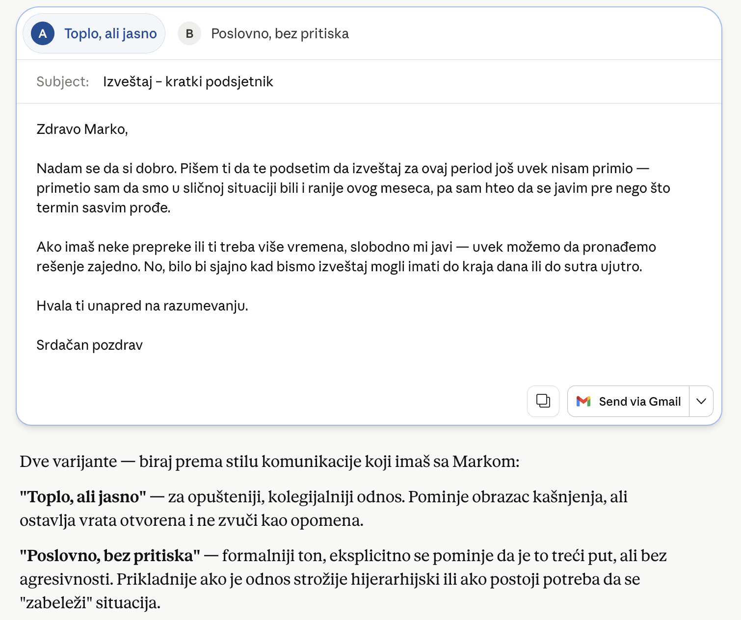 Claude poslovni mejl - verzija A (formalnija)