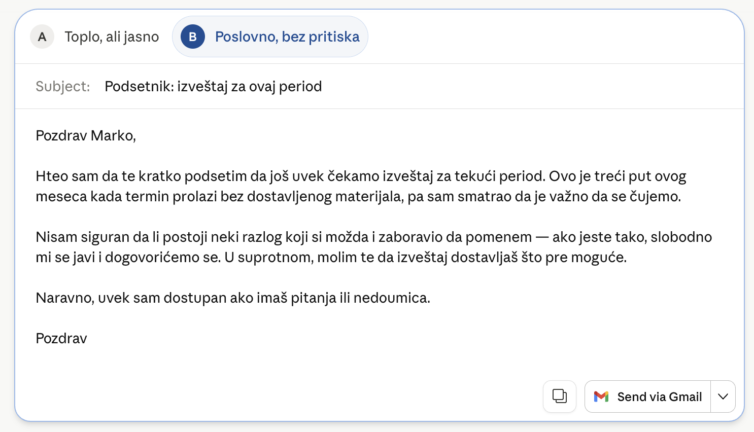 Claude poslovni mejl - verzija B (kasualnija)