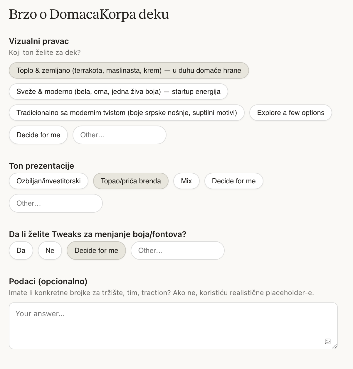 Claude Design tražio dodatne informacije pre generisanja
