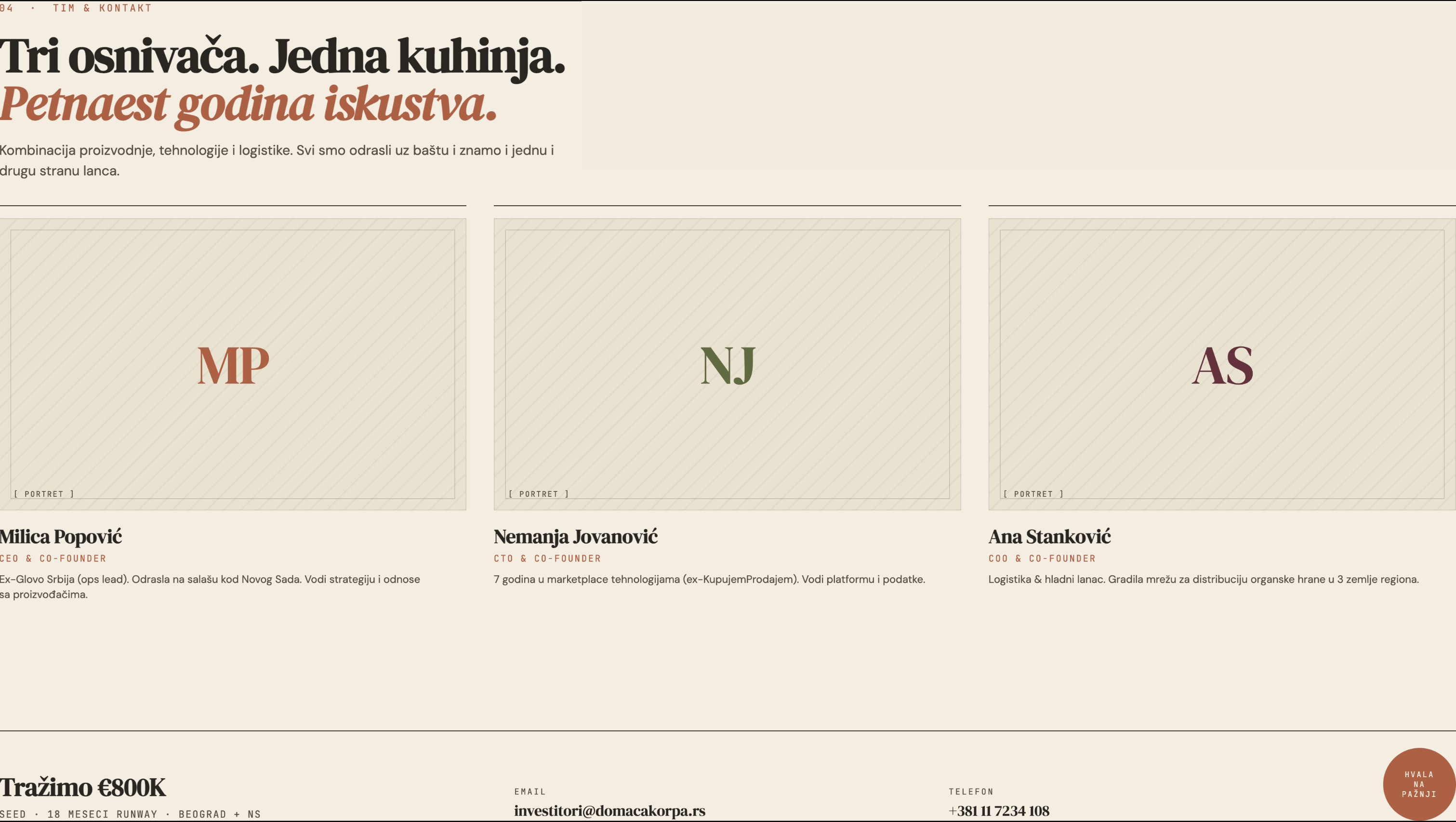 Pitch deck slajd 5 - tim i kontakt