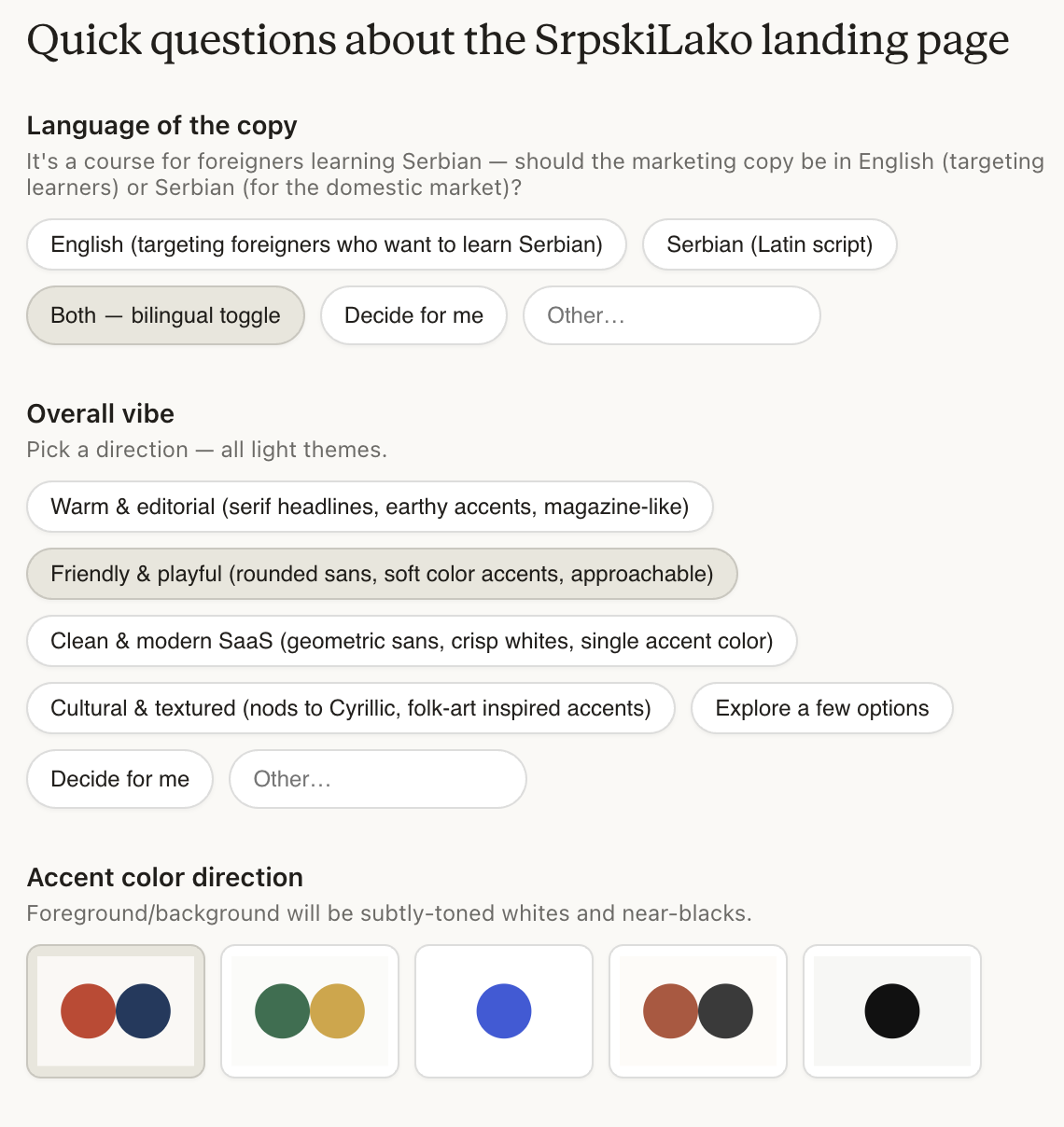 Claude Design dodatne informacije pre landing page-a