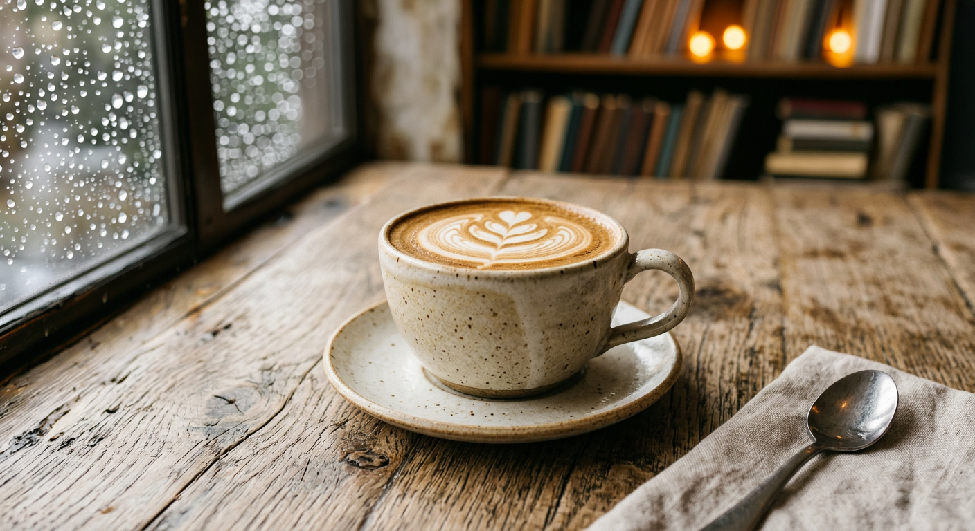 Fotografija šolje kafe posle Adobe Firefly Generative Fill — kafić u Beogradu sa kišom u pozadini