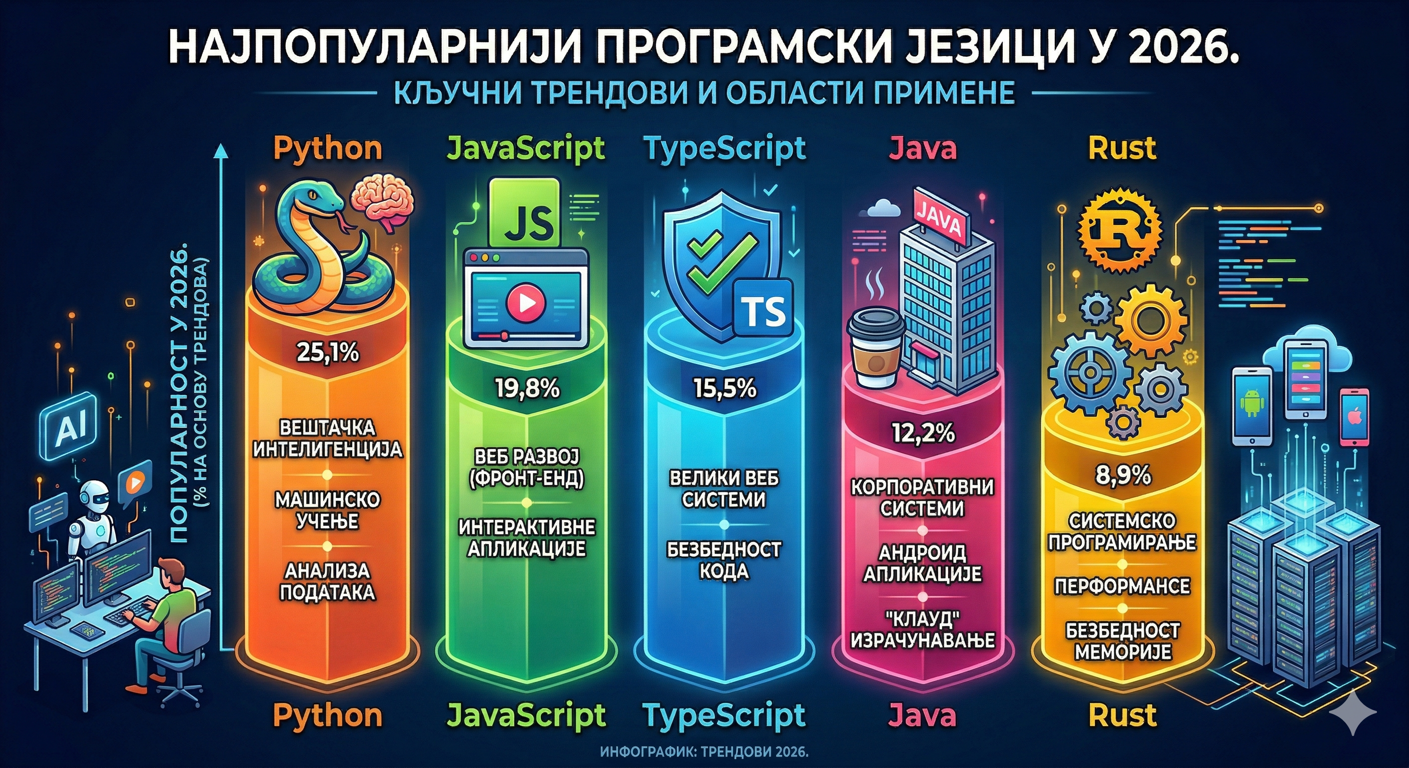 AI generisana infografika pomoću Nano Banana — programski jezici na srpskom ćirilicom